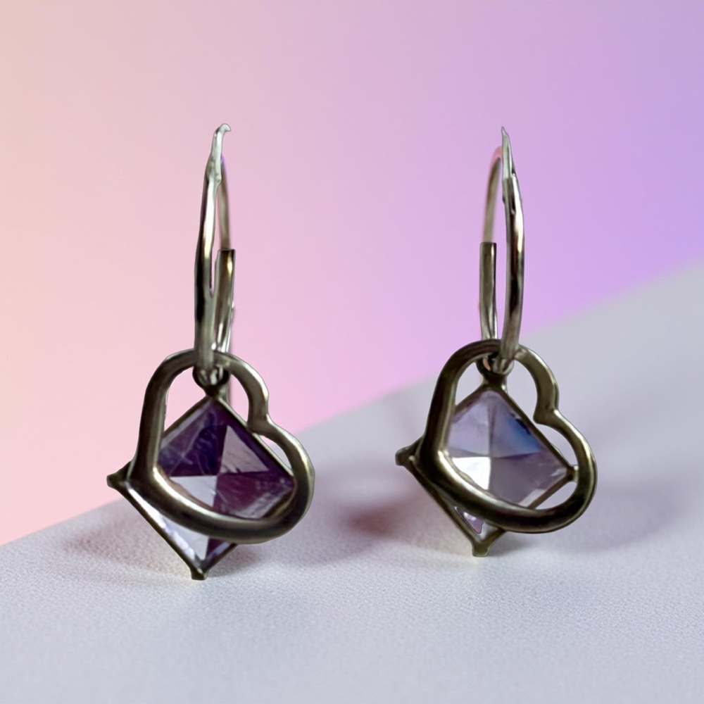 🆕 Sterling Silver Hoop Earrings w Open Sterling Heart & Amethyst Pyramid Drops